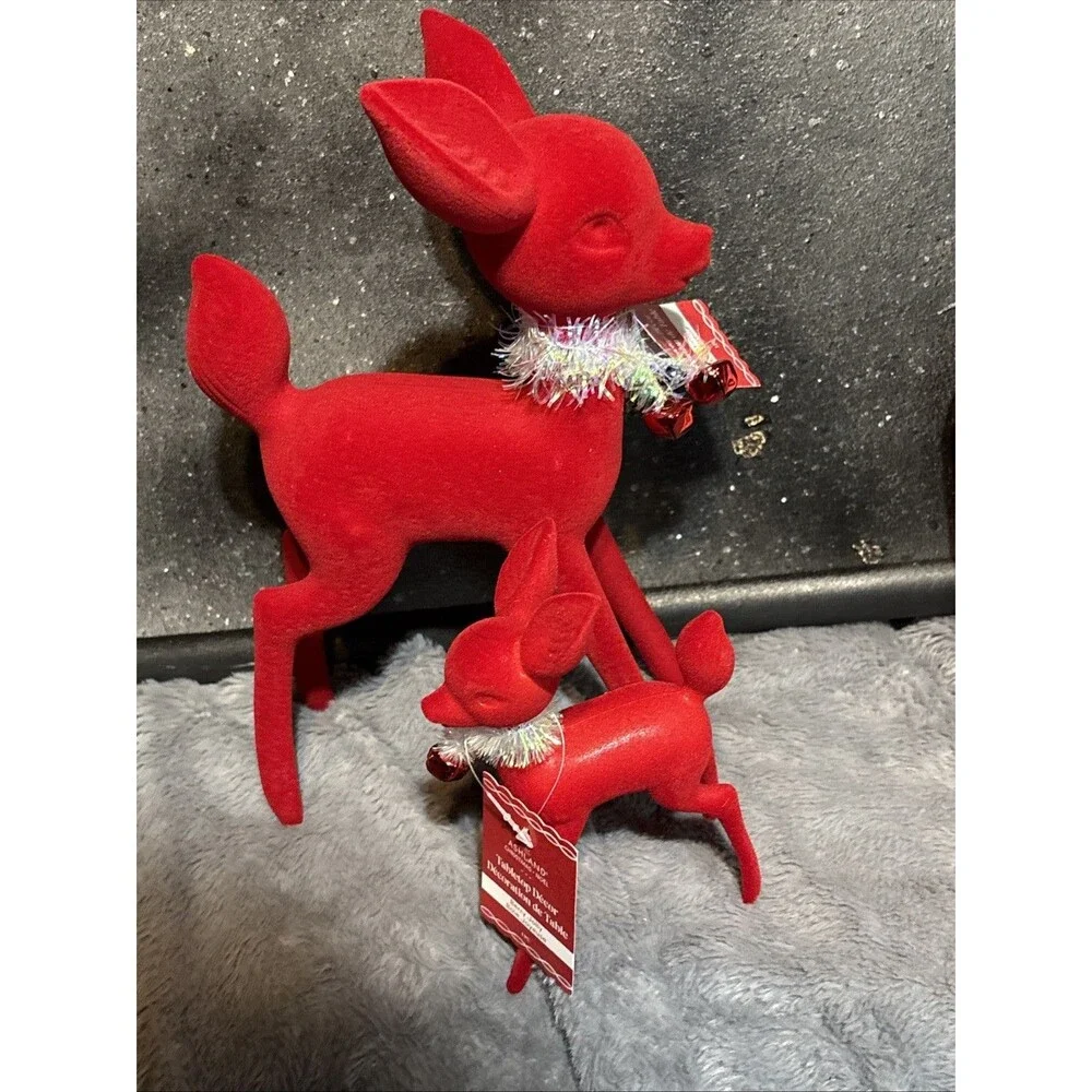 NWT Ashland Red Flocked Tabletop Deer Christmas Holiday Lot Of 2 11.5” And 6.5”